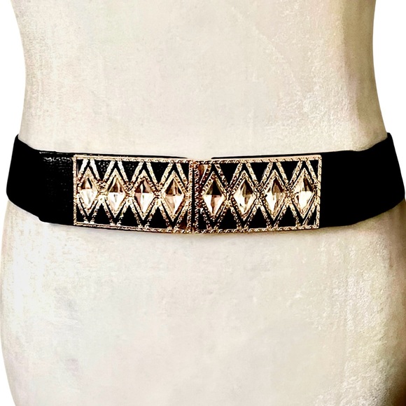 Susan Graver  stretch belt elastic adjustable ornate buckle black gold S/M EUC main image 7